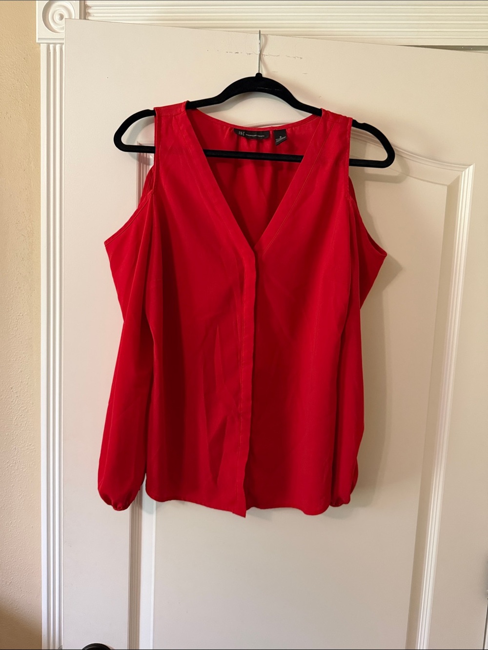 INC  Bright Red V-Neck Cold-Shoulder Blouse
